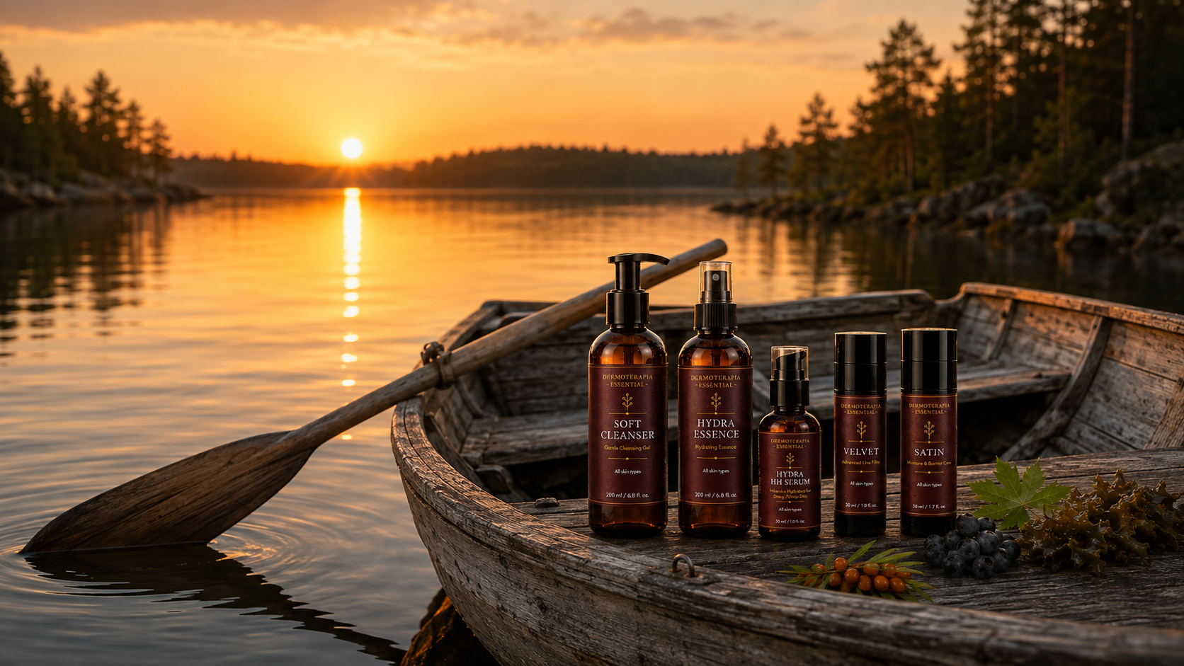 Dermoterapia Essential -sarjan viisi tuotetta soutuveneessä suomalaisella järvellä auringonlaskun aikaan