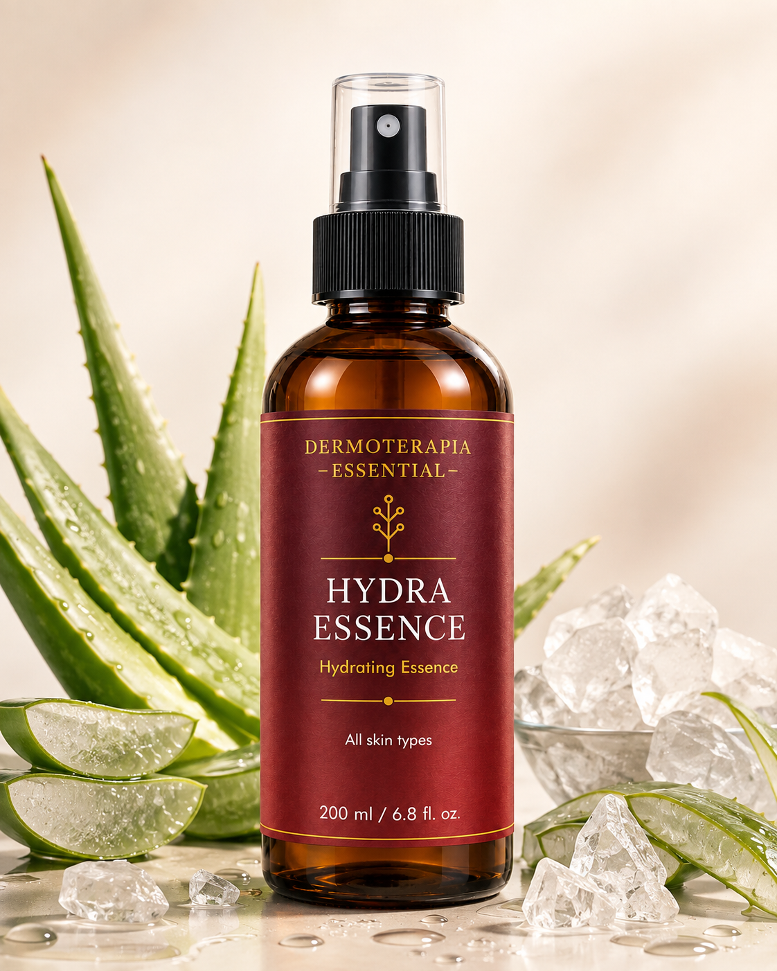 Hydra Essence 200 ml ruskea spraypullo, vieressä aloe veraa ja jääkiteitä