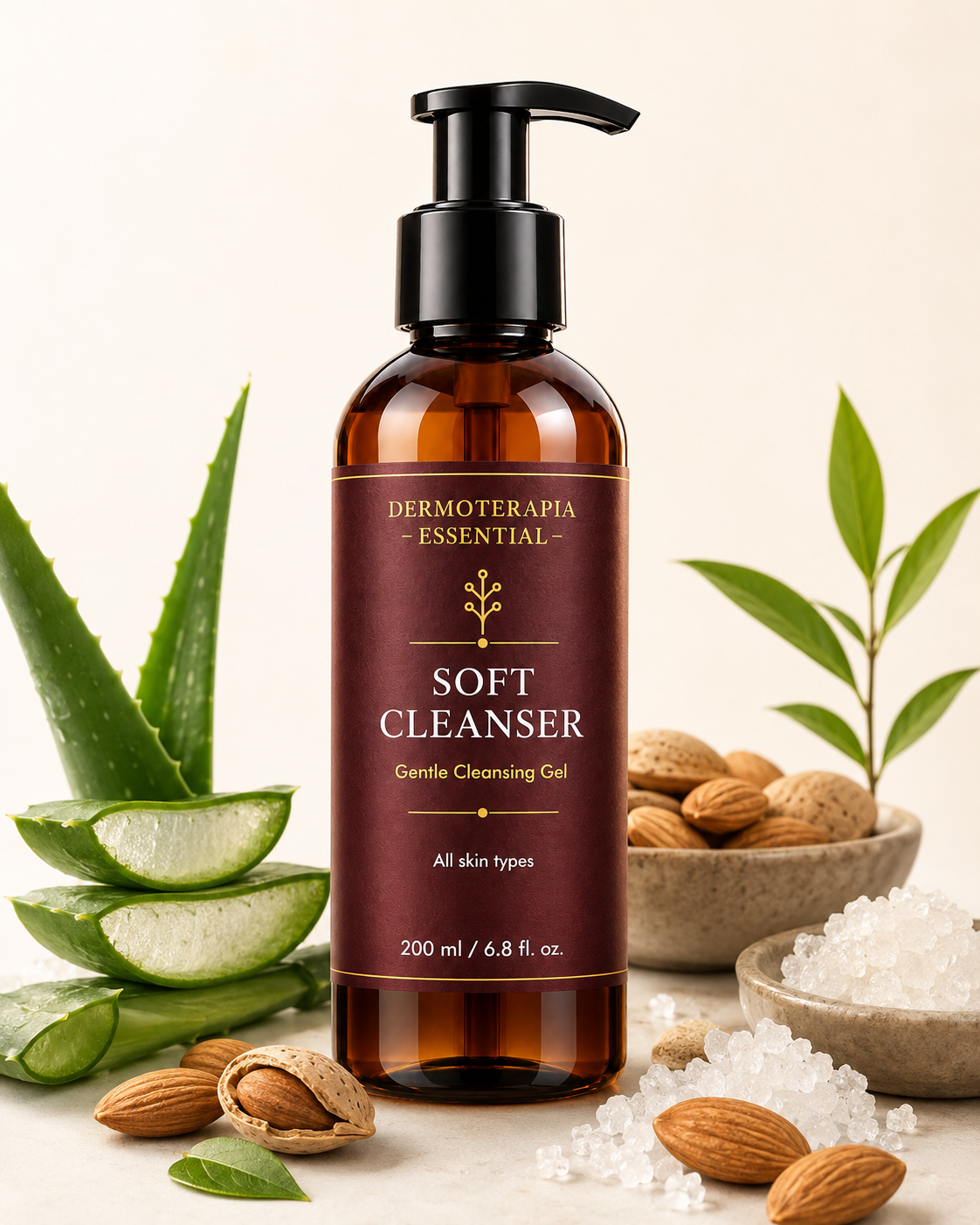 Soft Cleanser 200 ml ruskea pumppupullo, vieressä aloe veraa ja manteleita