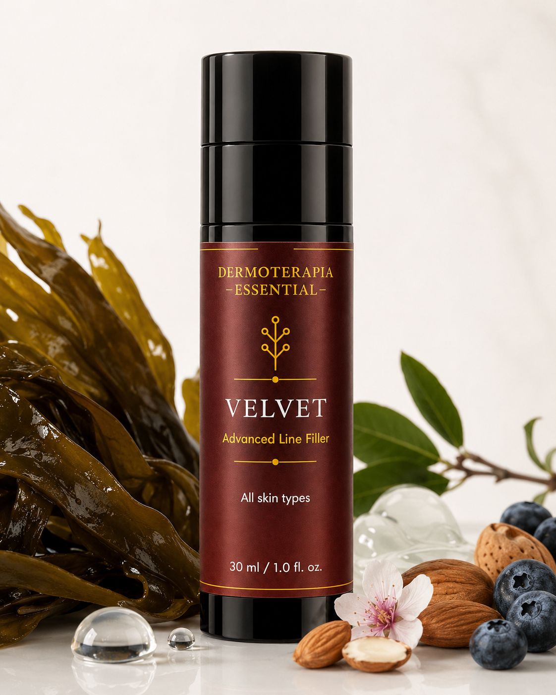 Velvet 30 ml musta pumppupullo, vieressä merilevää, mustikoita ja manteleita