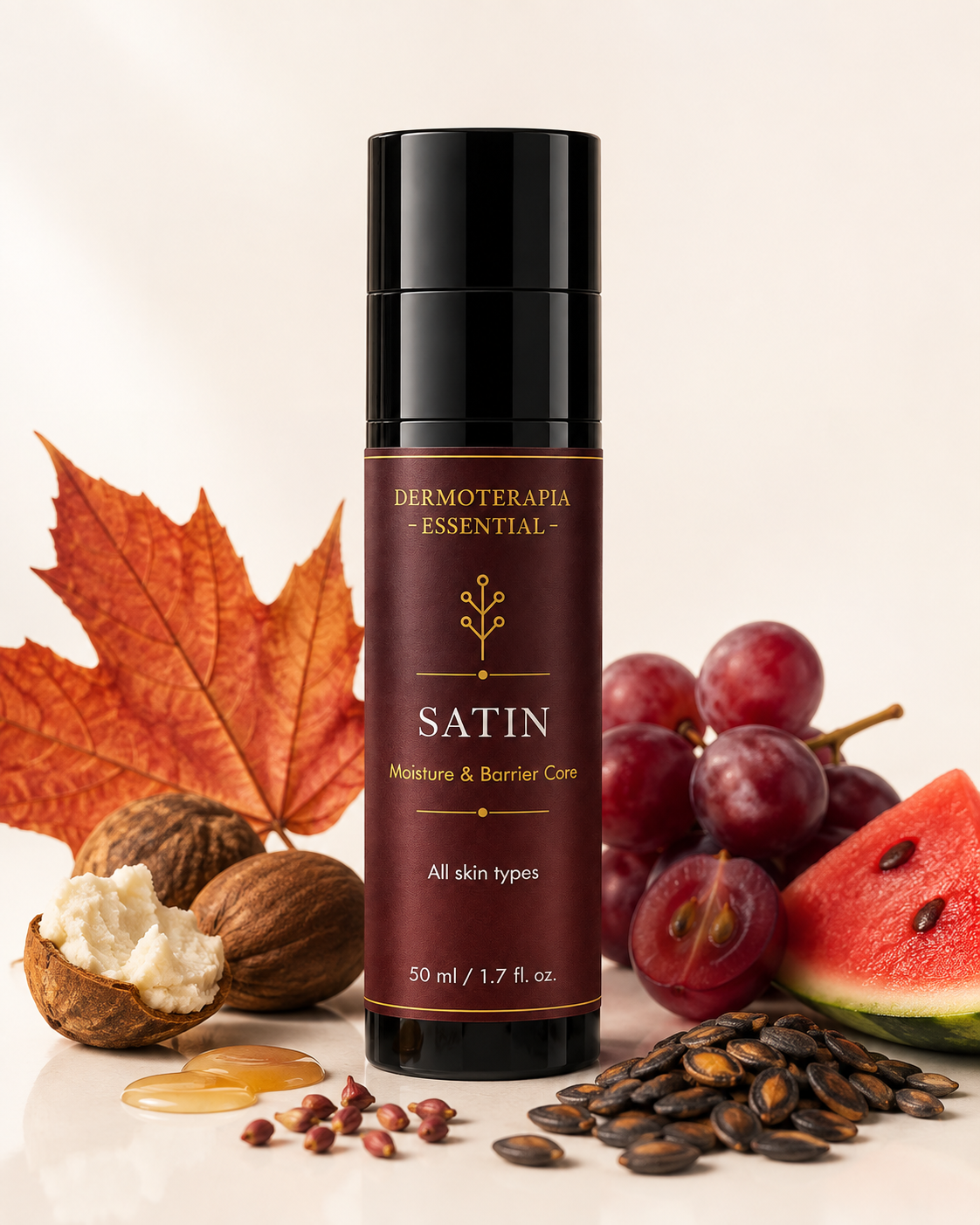 Satin 50 ml musta pumppupullo, vieressä vaahteranlehti, viinirypäleitä ja sheavoita