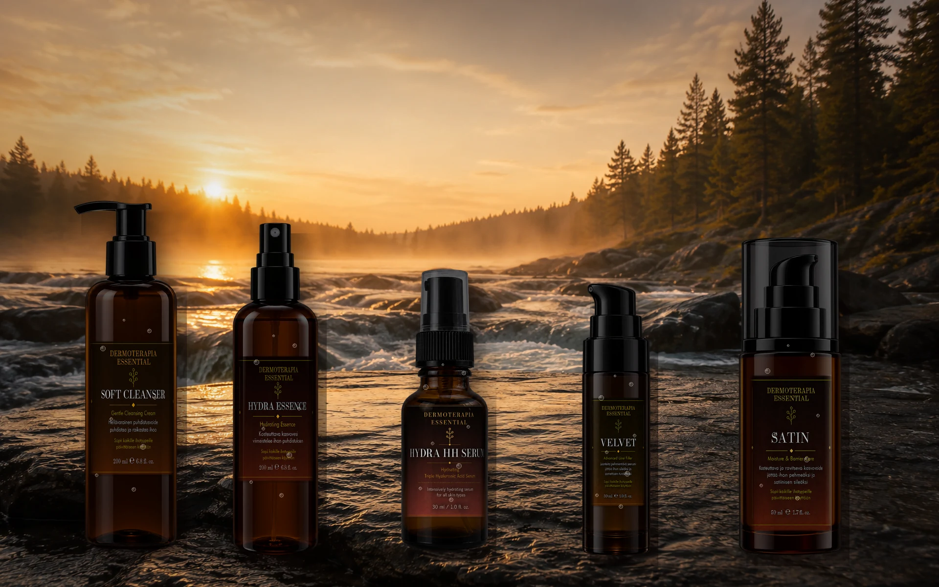 Dermoterapia Essential -sarjan viisi tuotetta suomalaisessa koskimaisemassa auringonlaskussa