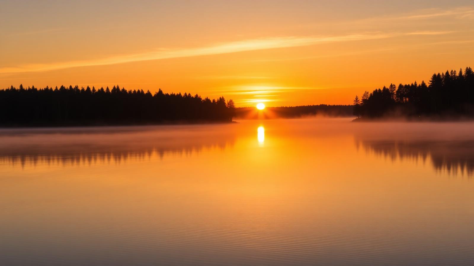 Sumuinen suomalainen järvimaisema auringonlaskussa